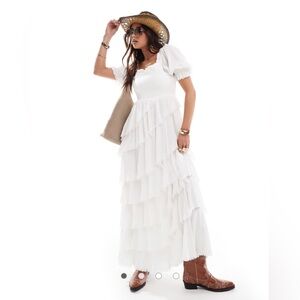 NWT White textured asymmetrical hem tiered maxi dress